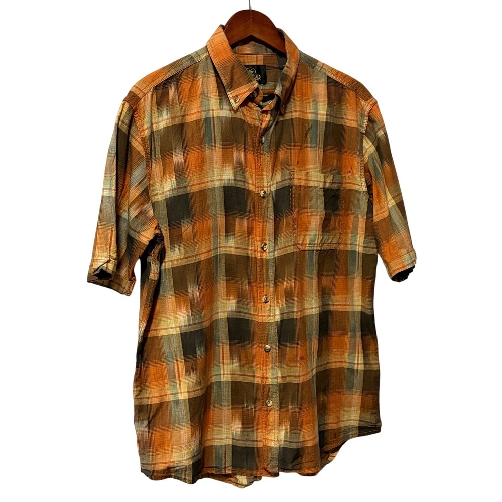 RedHead Mens Large Short Sleeve Ikat Plaid Button Down Shirt Orange Brown Cotton
